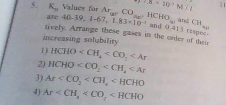 Question image for kh values for ar,co2,hcho and ch4 are 40-39,1-67,